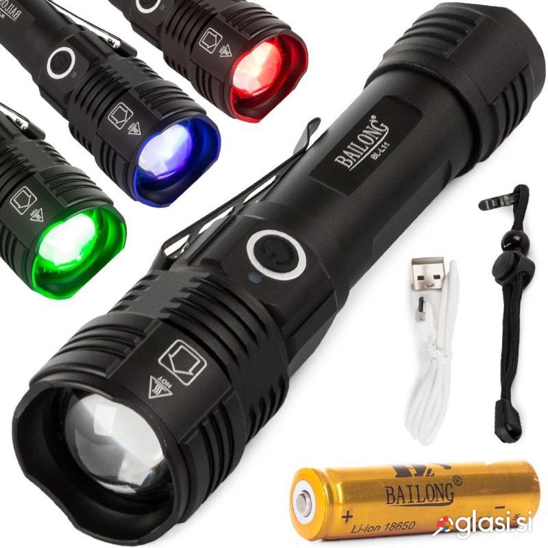 id-1002 Taktična aku. LED RGBW alu. ročna svetilka UV ZOOM