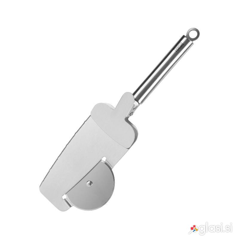 2v1 INOX vrtljivi nož za pico 28cm in lopatka s spono
