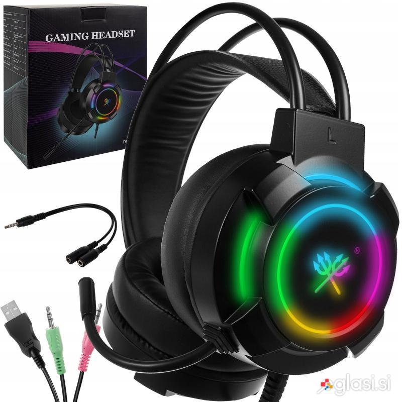 PRO LED RGB igralne slušalke 5.1 z mikrofonom USB AUX + adapter