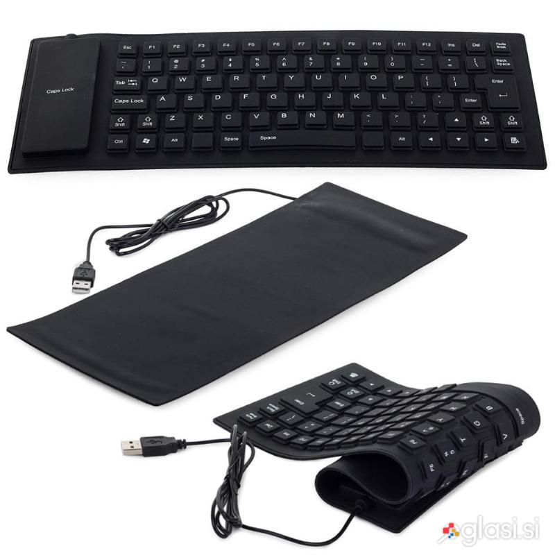 Tanka vodoodporna USB silikonska tipkovnica - zložljiva 35cm črna