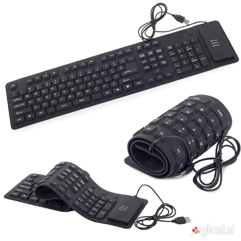 Tanka vodoodporna USB silikonska tipkovnica - zložljiva črna