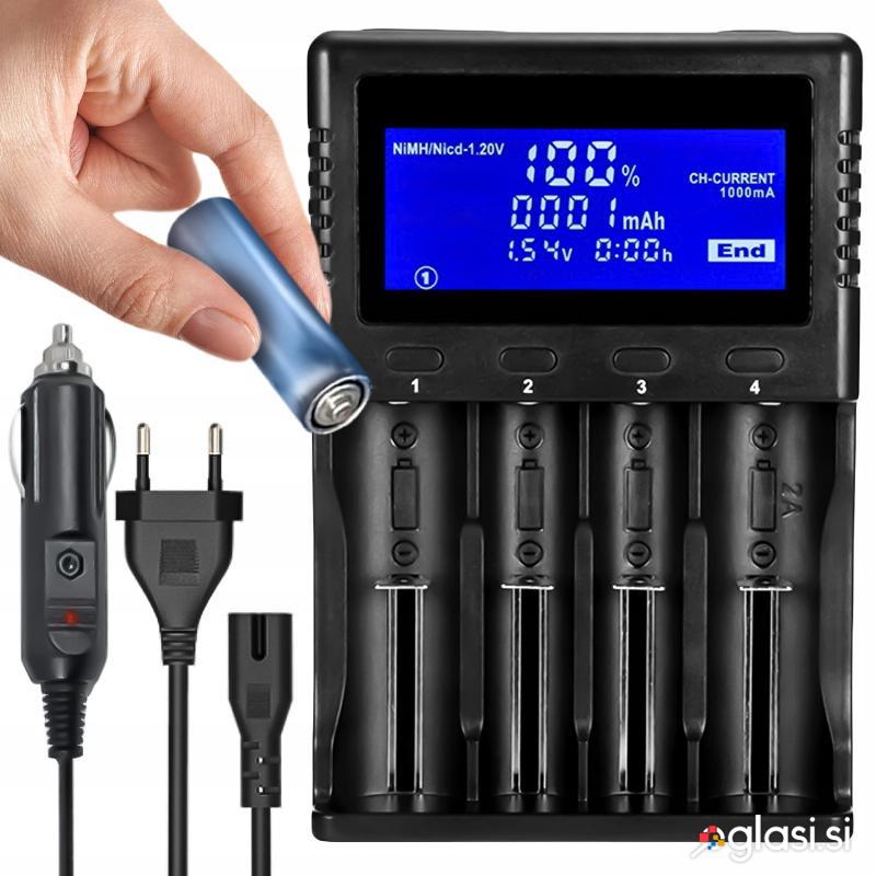 Univerzalni 12-220V LCD polnilnik za 4 polnilne baterije Li-ion IMR LiFePO4