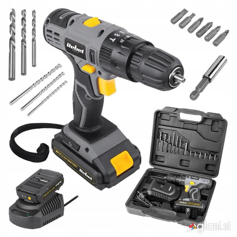 Set 20V aku. udarni vijačnik 30Nm 2Ah Li-ion LED + nastavki v kovčku