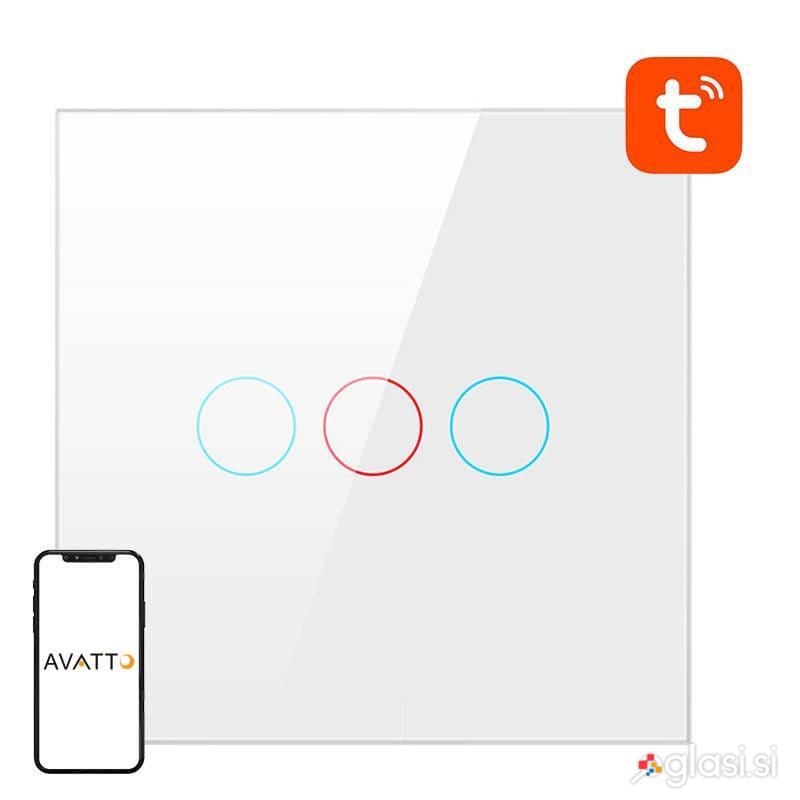 Pametno stekleno LED WiFi stikalo touch TUYA 3-kanalno belo Alexa Google Assista