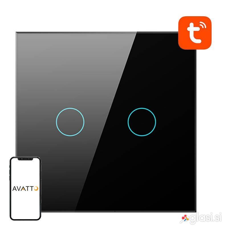 Pametno stekleno LED WiFi stikalo touch TUYA 2-kanalno črno Alexa Google Assista