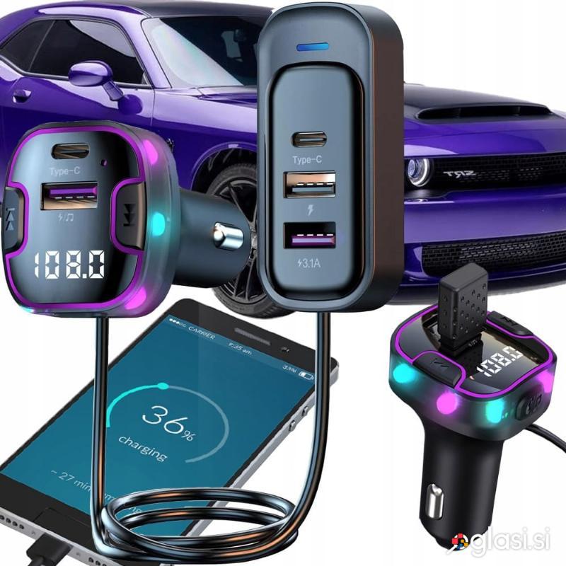 Avto FM oddajnik in polnilec bluetooth 3x USB 12-24V LED RGB