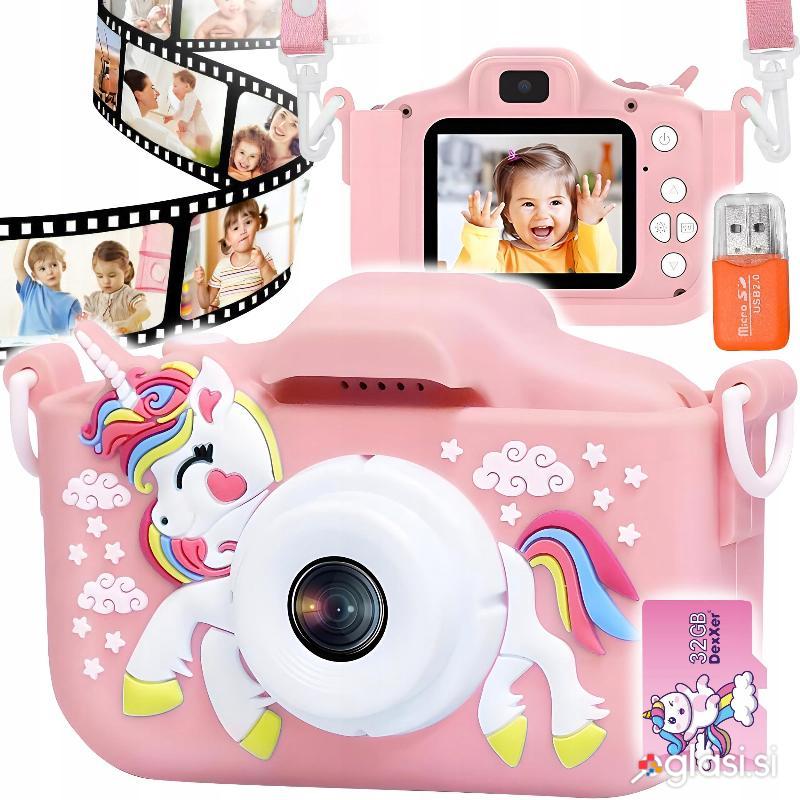 Otroški LCD 40MPix digitalni fotoaparat samorog USB roza + 32GB SD kartica