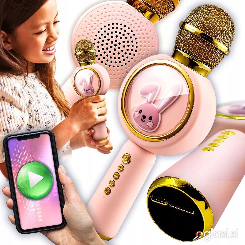 USB aku. 800mAh bluetooth 5.1 SD karaoke mikrofon z zvočnikom RGB LED zajček roz