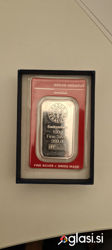 Srebrna naložbena palica 100g Argor-Heraeus Čisto srebro 999,0