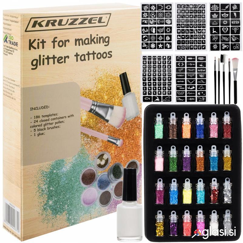 Glitter tattoo set za izdelavo tatujev 186 šablon in bleščice