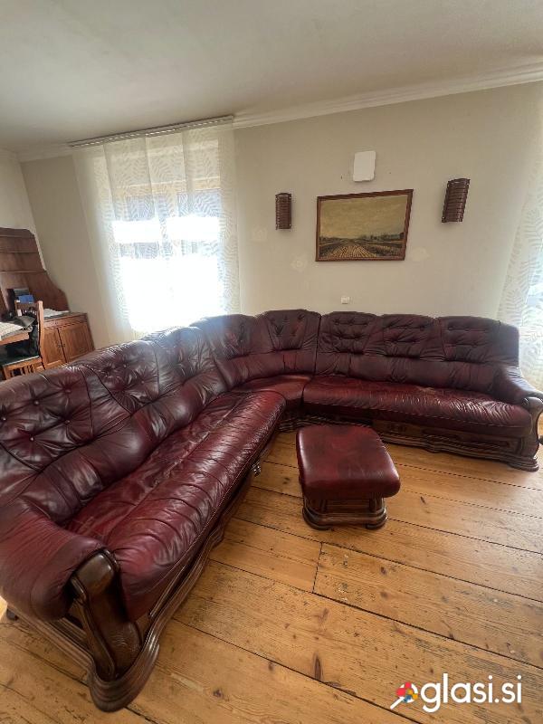 EMOK FIGARO – usnjena kotna sedežna 290 × 290 cm+tabure, masivni hrast